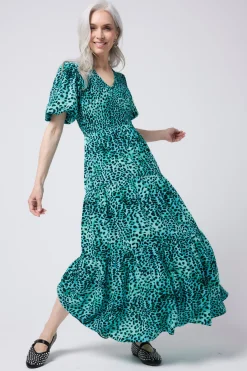 Women Scamp & Dude Turquoise with Black Leopard Puff Sleeve Maxi Dress