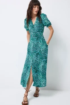 Women Scamp & Dude Turquoise with Black Leopard Flute Sleeve Midi Tea Dress