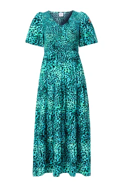 Women Scamp & Dude Turquoise with Black Leopard Puff Sleeve Maxi Dress