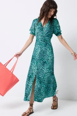 Women Scamp & Dude Turquoise with Black Leopard Flute Sleeve Midi Tea Dress