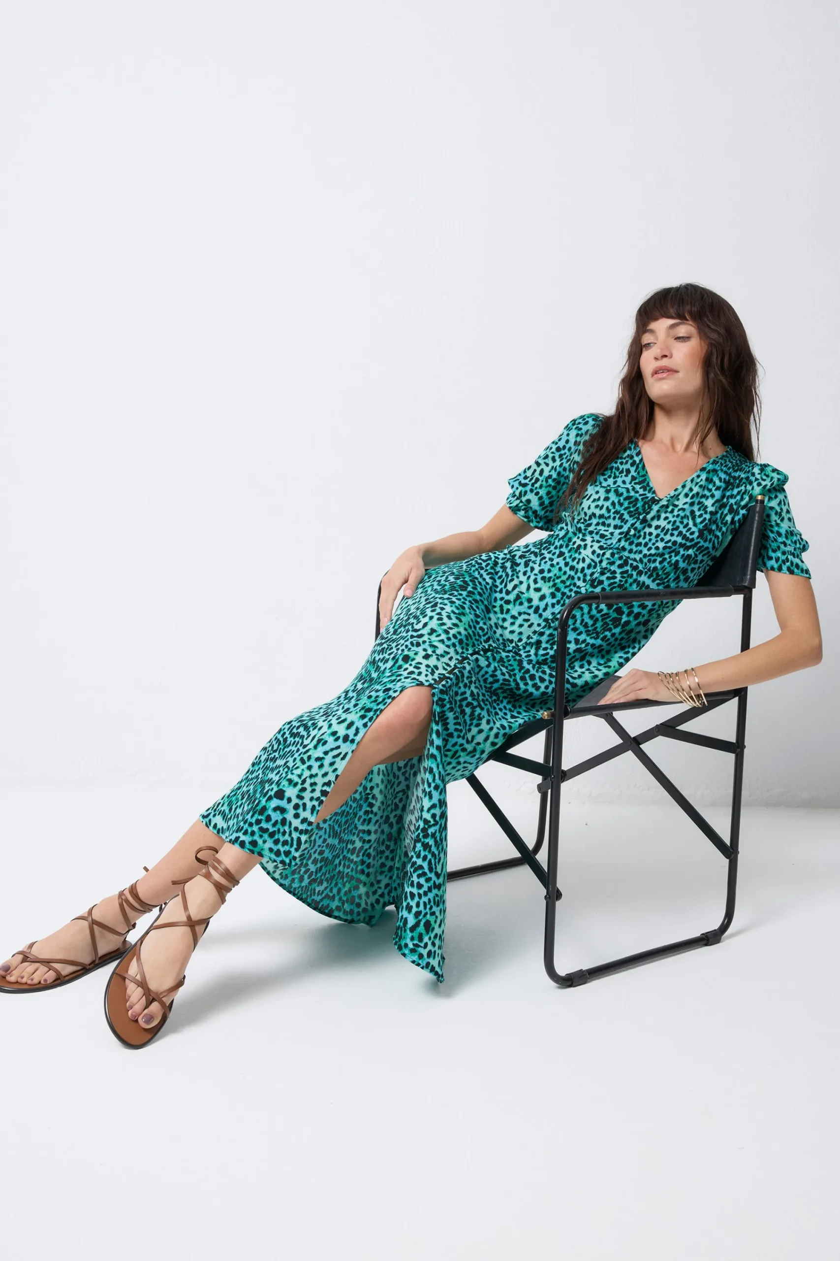 Women Scamp & Dude Turquoise with Black Leopard Flute Sleeve Midi Tea Dress