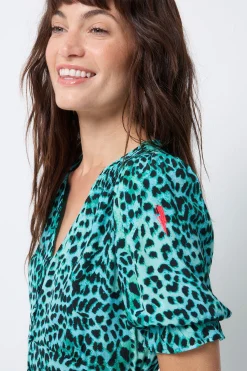 Women Scamp & Dude Turquoise with Black Leopard Flute Sleeve Midi Tea Dress