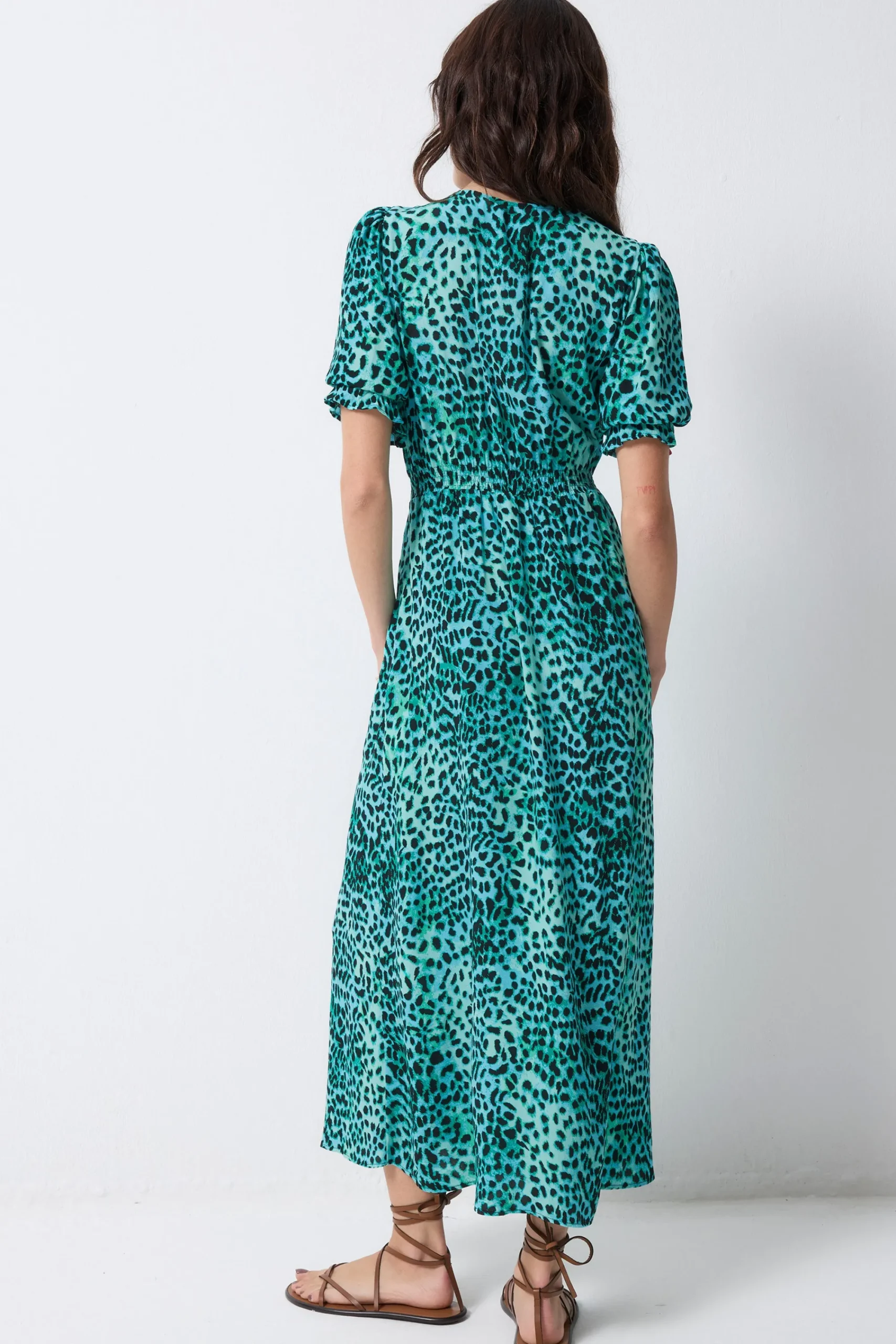Women Scamp & Dude Turquoise with Black Leopard Flute Sleeve Midi Tea Dress