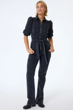 Women Scamp & Dude Washed Black Denim Flared Leg Jumpsuit