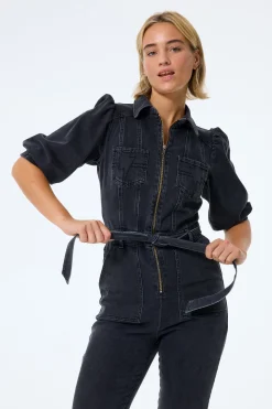 Women Scamp & Dude Washed Black Denim Flared Leg Jumpsuit