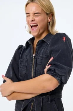 Women Scamp & Dude Washed Black Denim Flared Leg Jumpsuit