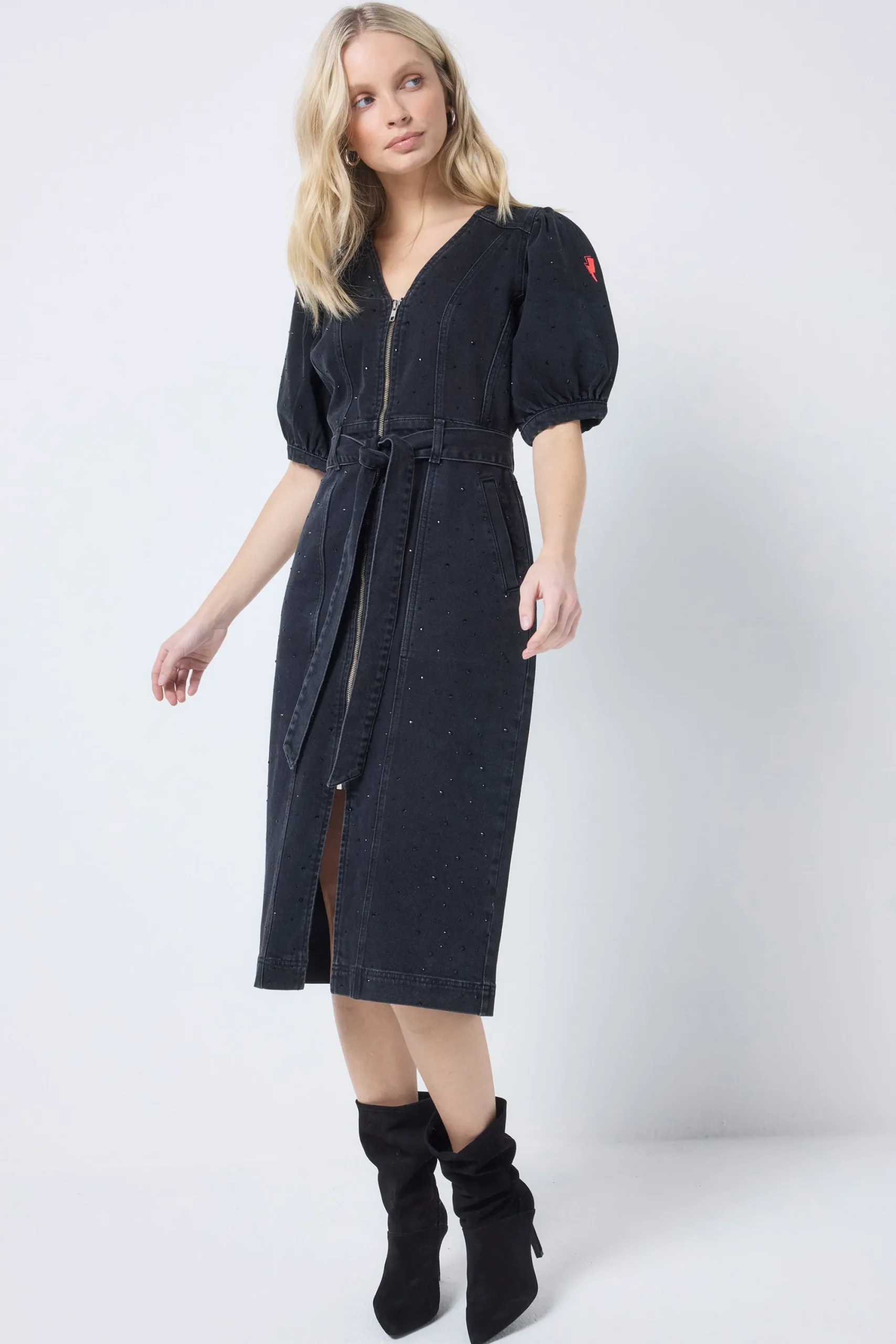 Women Scamp & Dude Washed Black Embellished Zip Detail Denim Dress