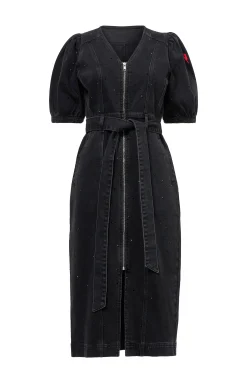 Women Scamp & Dude Washed Black Embellished Zip Detail Denim Dress