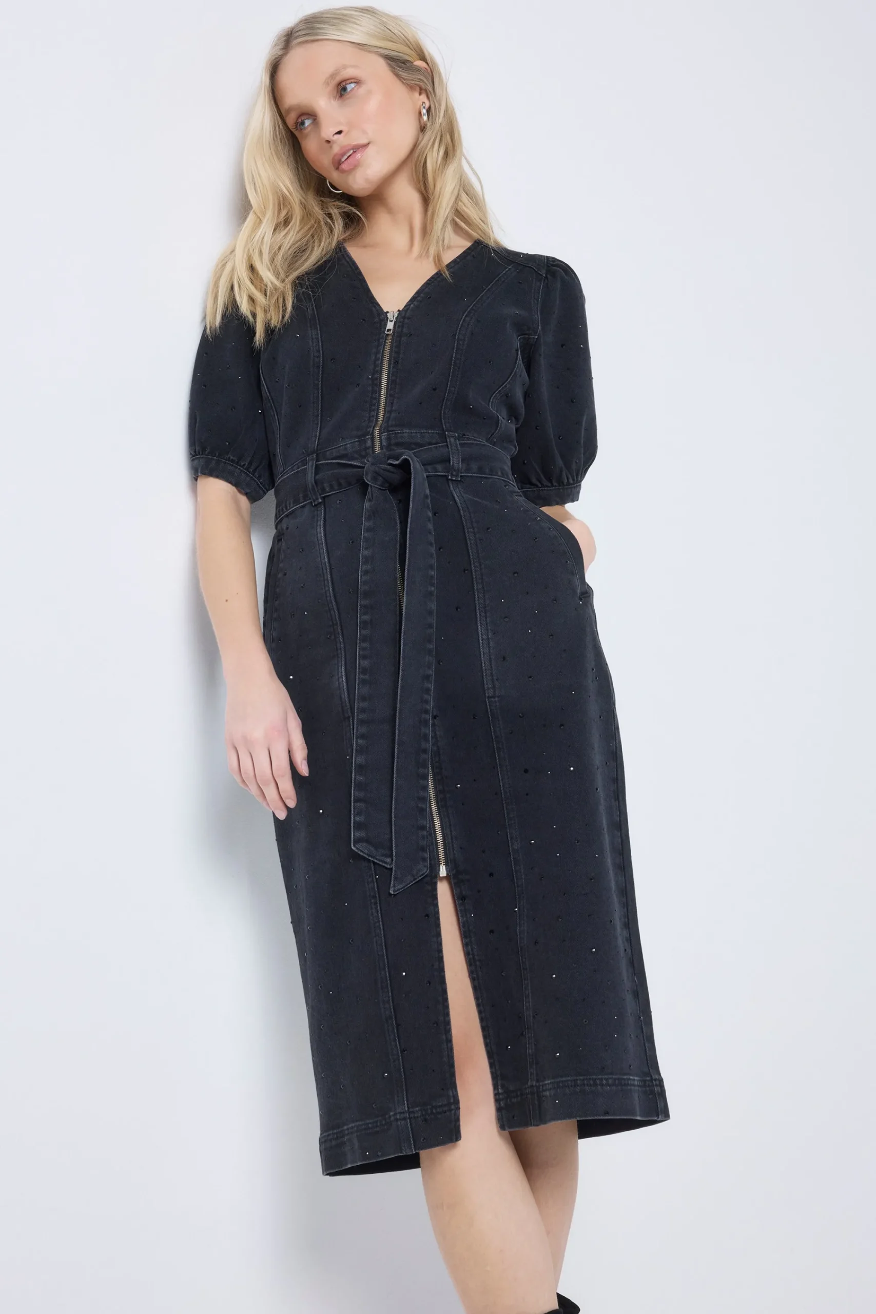 Women Scamp & Dude Washed Black Embellished Zip Detail Denim Dress