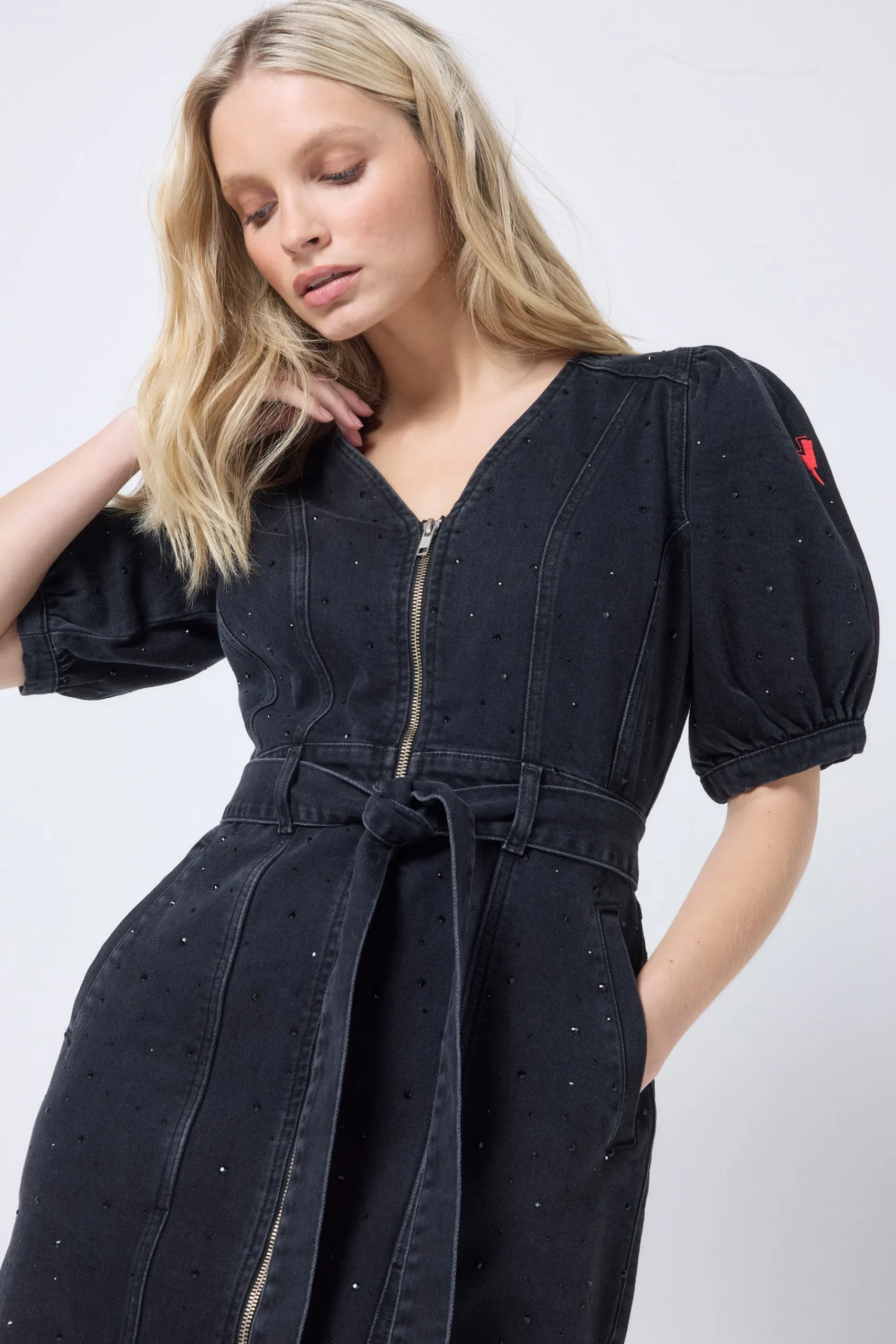 Women Scamp & Dude Washed Black Embellished Zip Detail Denim Dress