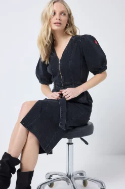 Women Scamp & Dude Washed Black Embellished Zip Detail Denim Dress