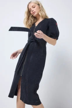 Women Scamp & Dude Washed Black Embellished Zip Detail Denim Dress
