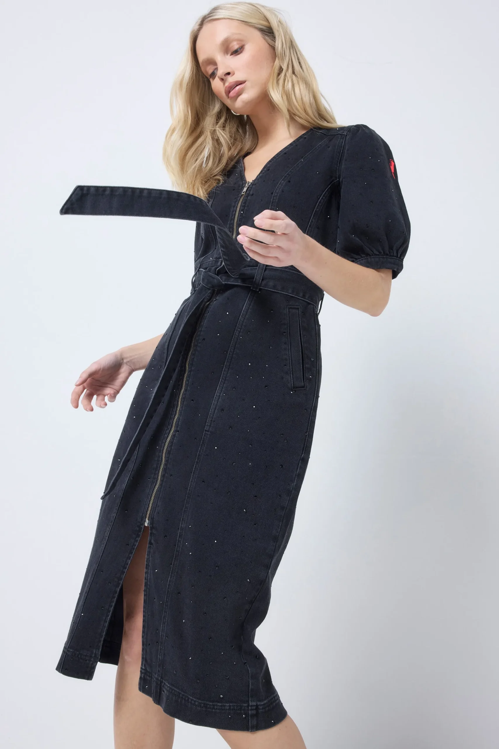 Women Scamp & Dude Washed Black Embellished Zip Detail Denim Dress