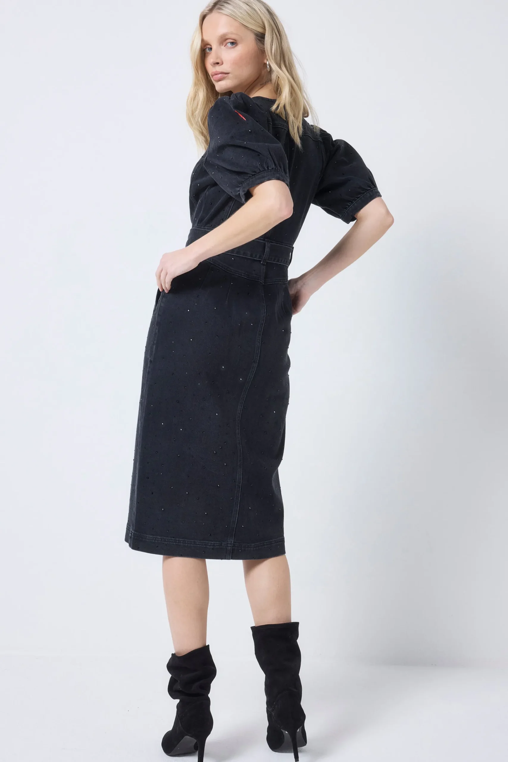 Women Scamp & Dude Washed Black Embellished Zip Detail Denim Dress