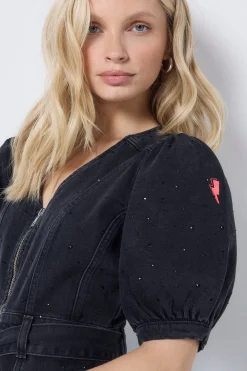 Women Scamp & Dude Washed Black Embellished Zip Detail Denim Dress