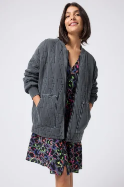 Women Scamp & Dude Washed Black Organic Cotton Quilted Lightning Bolt Oversized Bomber Jacket