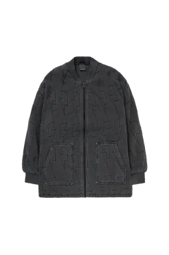 Women Scamp & Dude Washed Black Organic Cotton Quilted Lightning Bolt Oversized Bomber Jacket