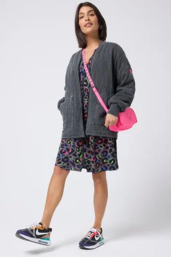 Women Scamp & Dude Washed Black Organic Cotton Quilted Lightning Bolt Oversized Bomber Jacket