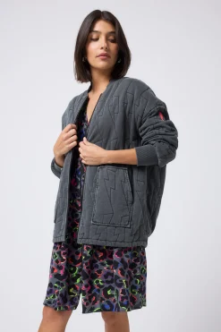 Women Scamp & Dude Washed Black Organic Cotton Quilted Lightning Bolt Oversized Bomber Jacket