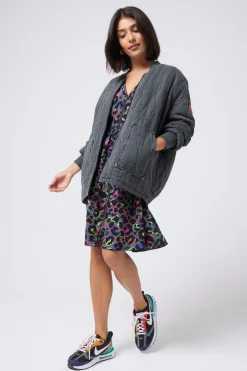 Women Scamp & Dude Washed Black Organic Cotton Quilted Lightning Bolt Oversized Bomber Jacket