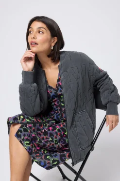 Women Scamp & Dude Washed Black Organic Cotton Quilted Lightning Bolt Oversized Bomber Jacket