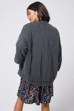 Women Scamp & Dude Washed Black Organic Cotton Quilted Lightning Bolt Oversized Bomber Jacket