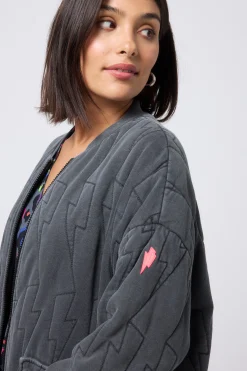 Women Scamp & Dude Washed Black Organic Cotton Quilted Lightning Bolt Oversized Bomber Jacket