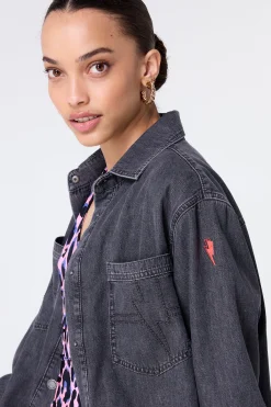 Women Scamp & Dude Washed Black Oversized Denim Shirt