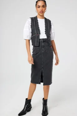 Women Scamp & Dude Washed Black Studded Denim Scallop Waistcoat