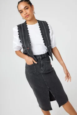 Women Scamp & Dude Washed Black Studded Denim Split Front Midi Skirt