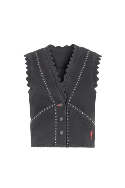 Women Scamp & Dude Washed Black Studded Denim Scallop Waistcoat