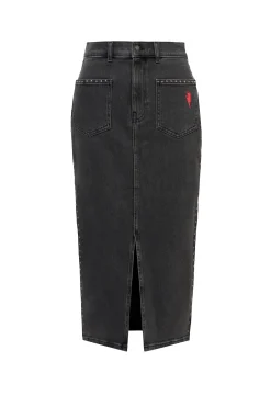 Women Scamp & Dude Washed Black Studded Denim Split Front Midi Skirt