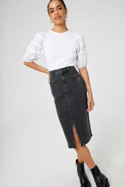 Women Scamp & Dude Washed Black Studded Denim Split Front Midi Skirt