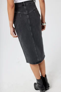 Women Scamp & Dude Washed Black Studded Denim Split Front Midi Skirt