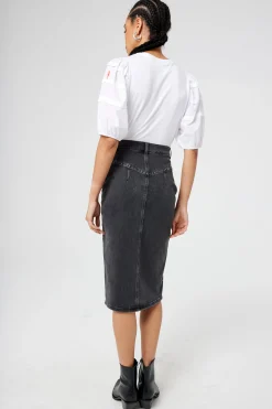 Women Scamp & Dude Washed Black Studded Denim Split Front Midi Skirt