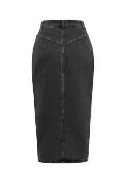 Women Scamp & Dude Washed Black Studded Denim Split Front Midi Skirt