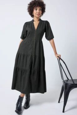 Women Scamp & Dude Washed Black Studded Zip Detail Tiered Midi Denim Dress