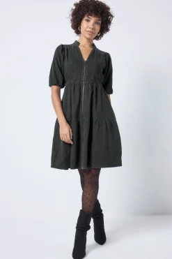 Women Scamp & Dude Washed Black Studded Zip Detail Tiered Short Denim Dress