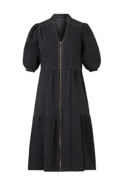 Women Scamp & Dude Washed Black Studded Zip Detail Tiered Short Denim Dress