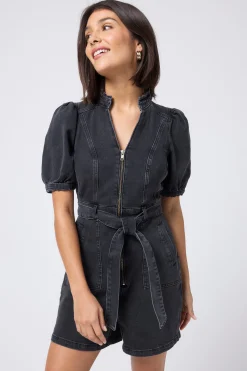 Women Scamp & Dude Washed Black Zip Detail Denim Playsuit