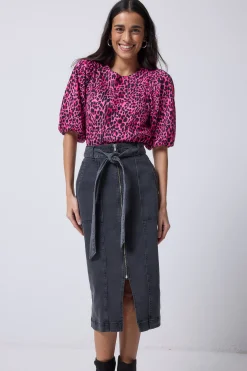 Women Scamp & Dude Washed Black Zip Detail Denim Midi Skirt