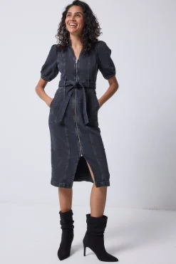 Women Scamp & Dude Washed Black Zip Detail Denim Dress