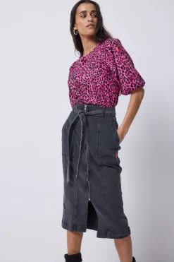 Women Scamp & Dude Washed Black Zip Detail Denim Midi Skirt