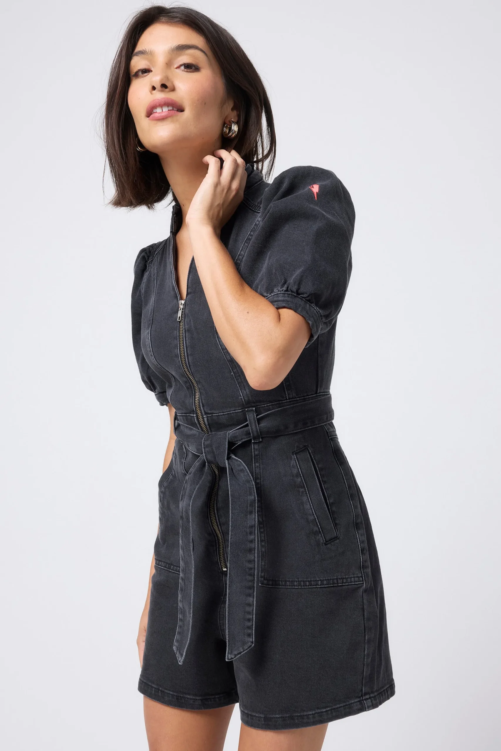 Women Scamp & Dude Washed Black Zip Detail Denim Playsuit