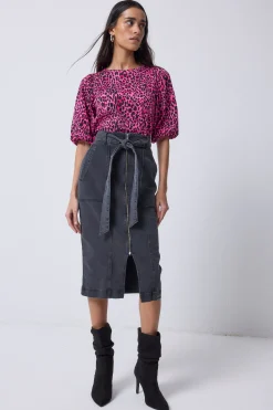 Women Scamp & Dude Washed Black Zip Detail Denim Midi Skirt