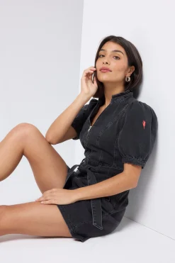 Women Scamp & Dude Washed Black Zip Detail Denim Playsuit