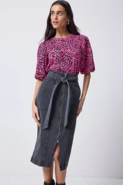 Women Scamp & Dude Washed Black Zip Detail Denim Midi Skirt