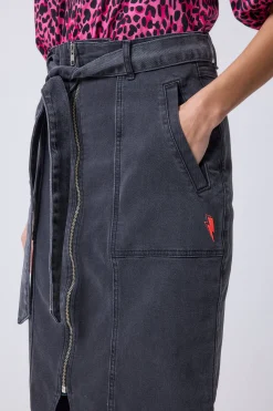 Women Scamp & Dude Washed Black Zip Detail Denim Midi Skirt