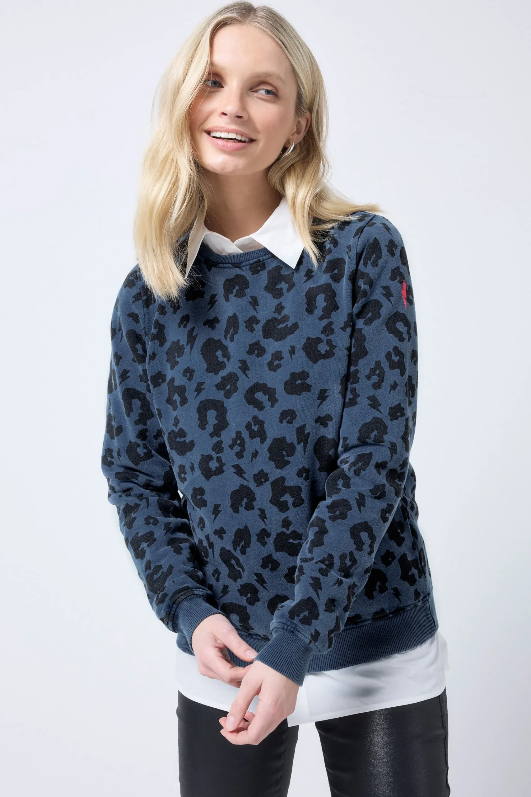 Women Scamp & Dude Washed Navy with Black Leopard Classic Sweatshirt