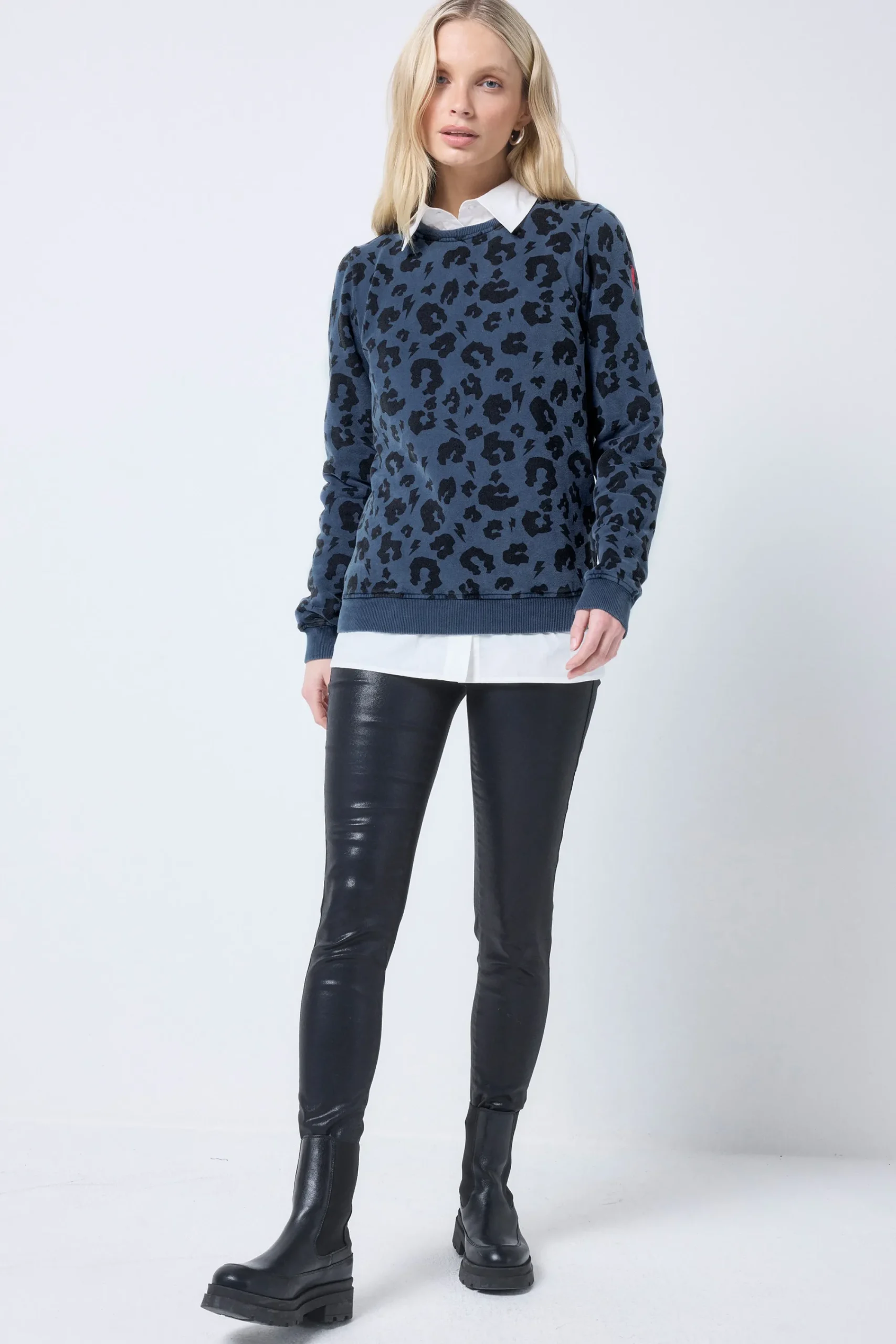 Women Scamp & Dude Washed Navy with Black Leopard Classic Sweatshirt